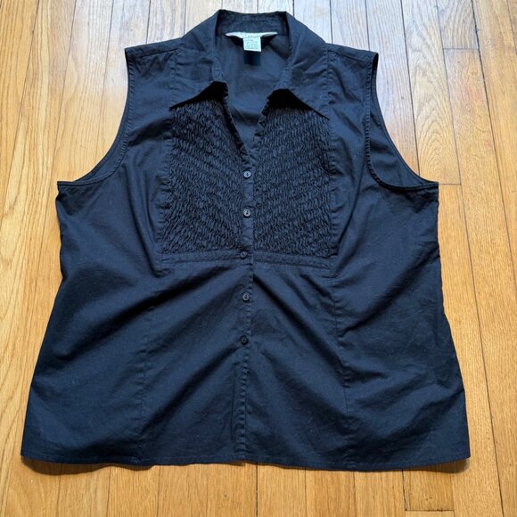 Vintage Allison Taylor Size XL Black Sleeveless Smocked Bib Button Front Shirt - Picture 5 of 13